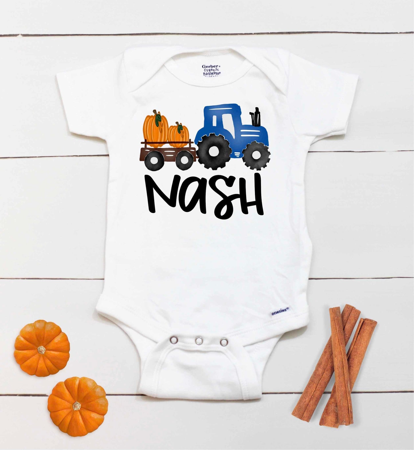 Pumpkin Tractor Bodysuit – Custom Name Fall & Halloween Kids