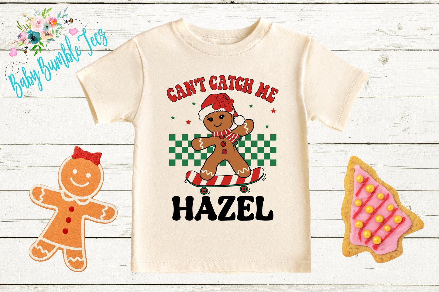 Can't Catch Me Kids Gingerbread Shirt, Girls Retro Christmas T-Shirt, Custom Personalized Name, Toddler Holiday Tee, Christmas Gift, Baking