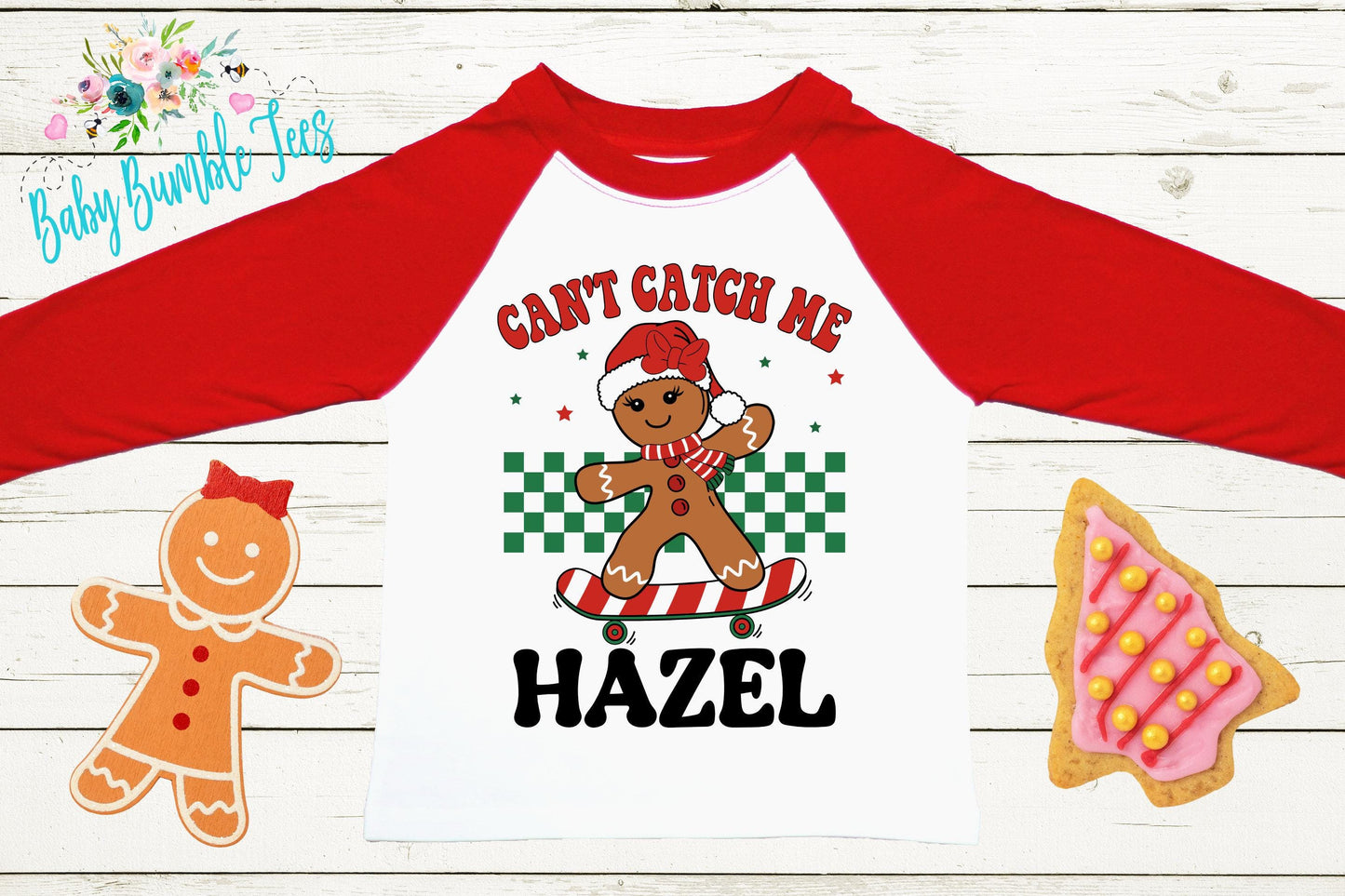 Can't Catch Me Kids Gingerbread Shirt, Girls Retro Christmas T-Shirt, Custom Personalized Name, Toddler Holiday Tee, Christmas Gift, Baking