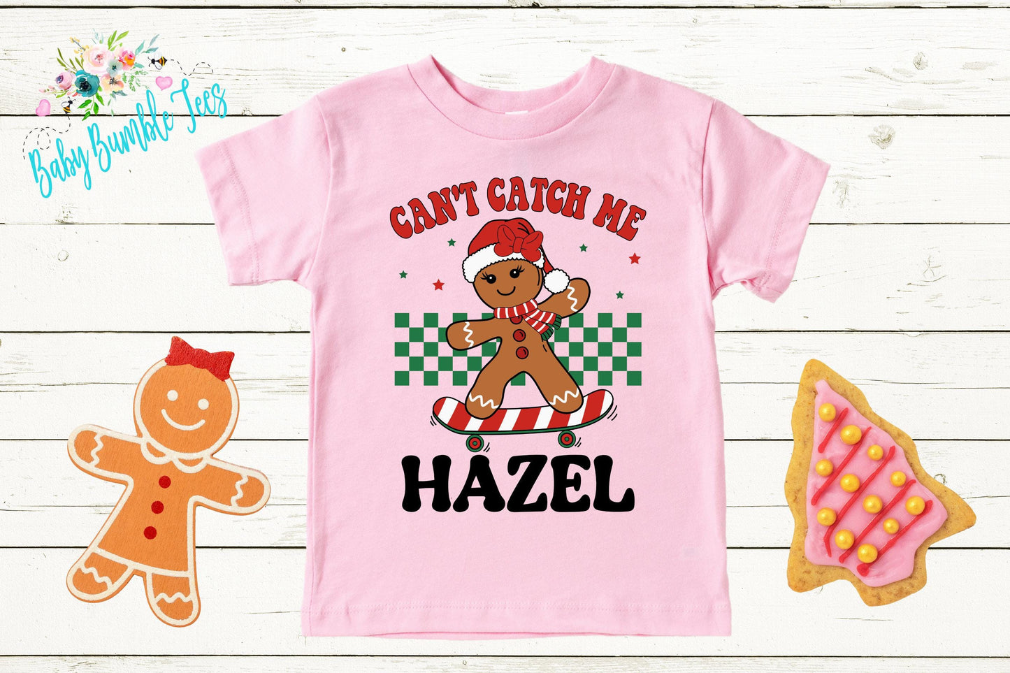 Can't Catch Me Kids Gingerbread Shirt, Girls Retro Christmas T-Shirt, Custom Personalized Name, Toddler Holiday Tee, Christmas Gift, Baking