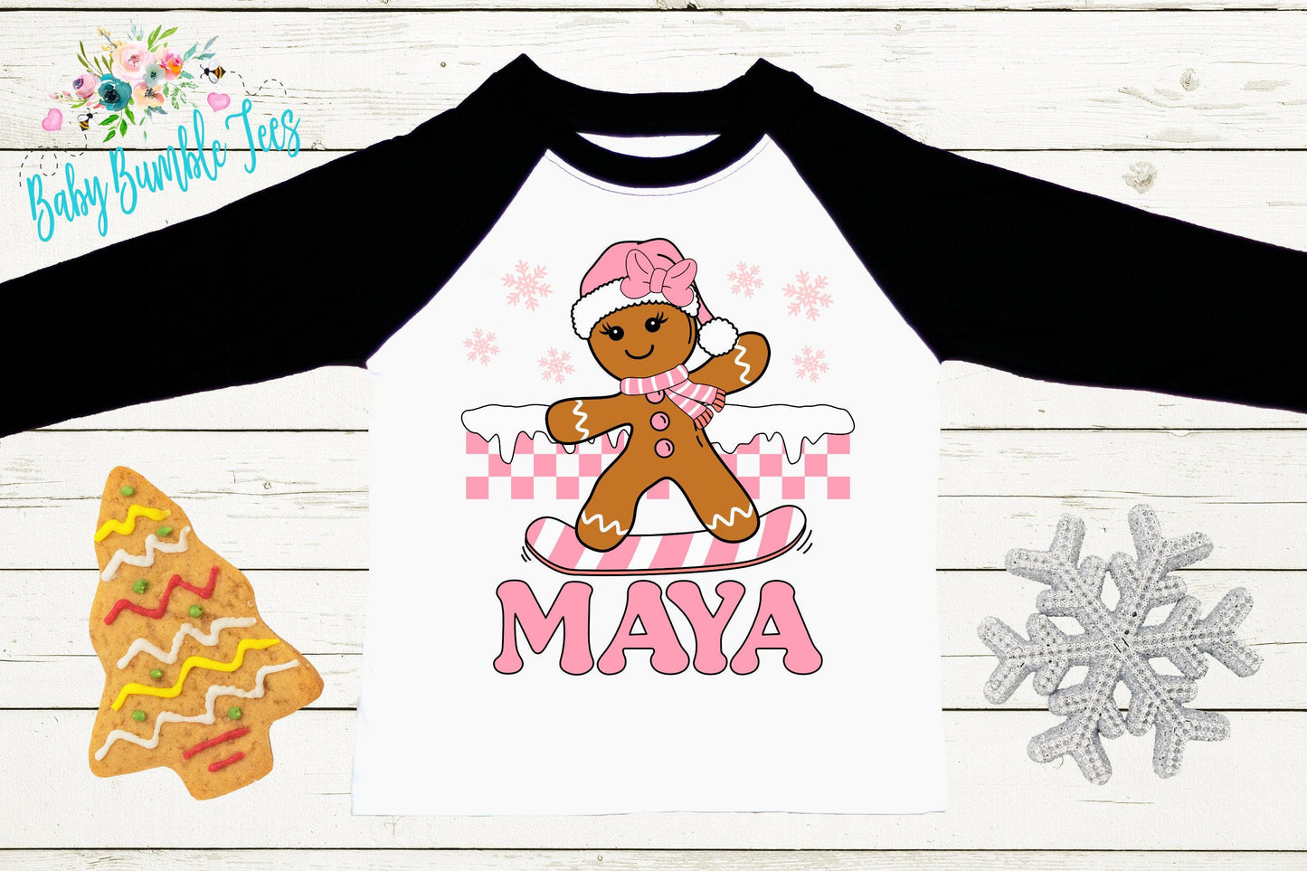 Kids Gingerbread Shirt, Girls Retro Christmas T-Shirt, Custom Personalized Name, Toddler Holiday Tee, Christmas Gift, Baking Shirt