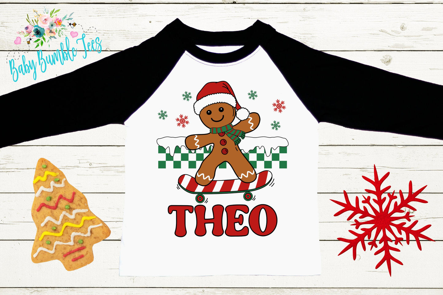 Kids Gingerbread Man Shirt, Boys Retro Christmas T-Shirt, Custom Personalized Name, Toddler Holiday Tee, Christmas Gift, Kids Baking shirt