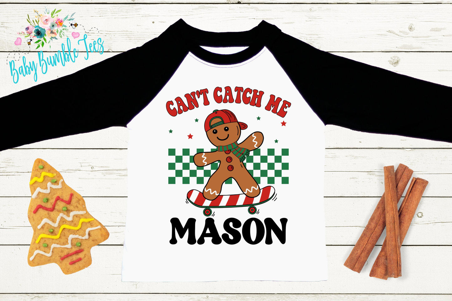 Can't Catch Me Kids Gingerbread Man Shirt, Boys Retro Christmas T-Shirt, Custom Personalized Name, Toddler Holiday Tee, Christmas Gift