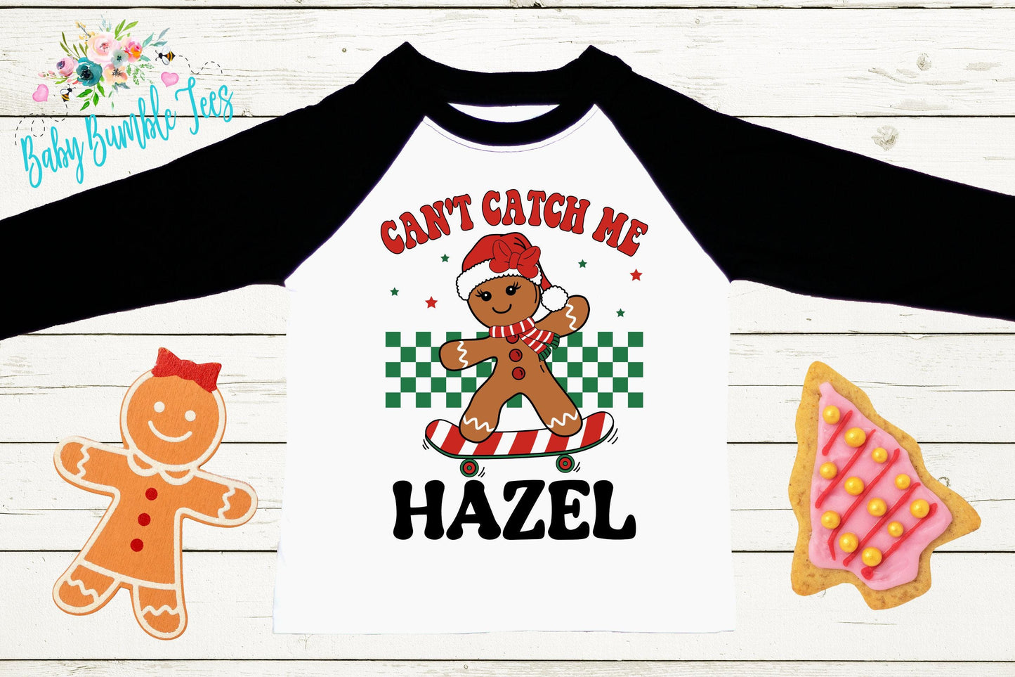 Can't Catch Me Kids Gingerbread Shirt, Girls Retro Christmas T-Shirt, Custom Personalized Name, Toddler Holiday Tee, Christmas Gift, Baking