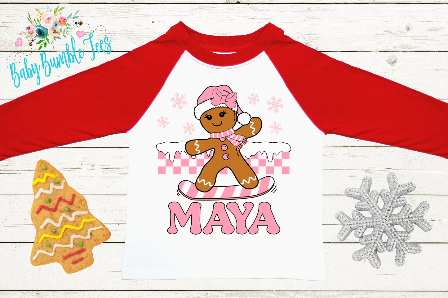 Kids Gingerbread Shirt, Girls Retro Christmas T-Shirt, Custom Personalized Name, Toddler Holiday Tee, Christmas Gift, Baking Shirt