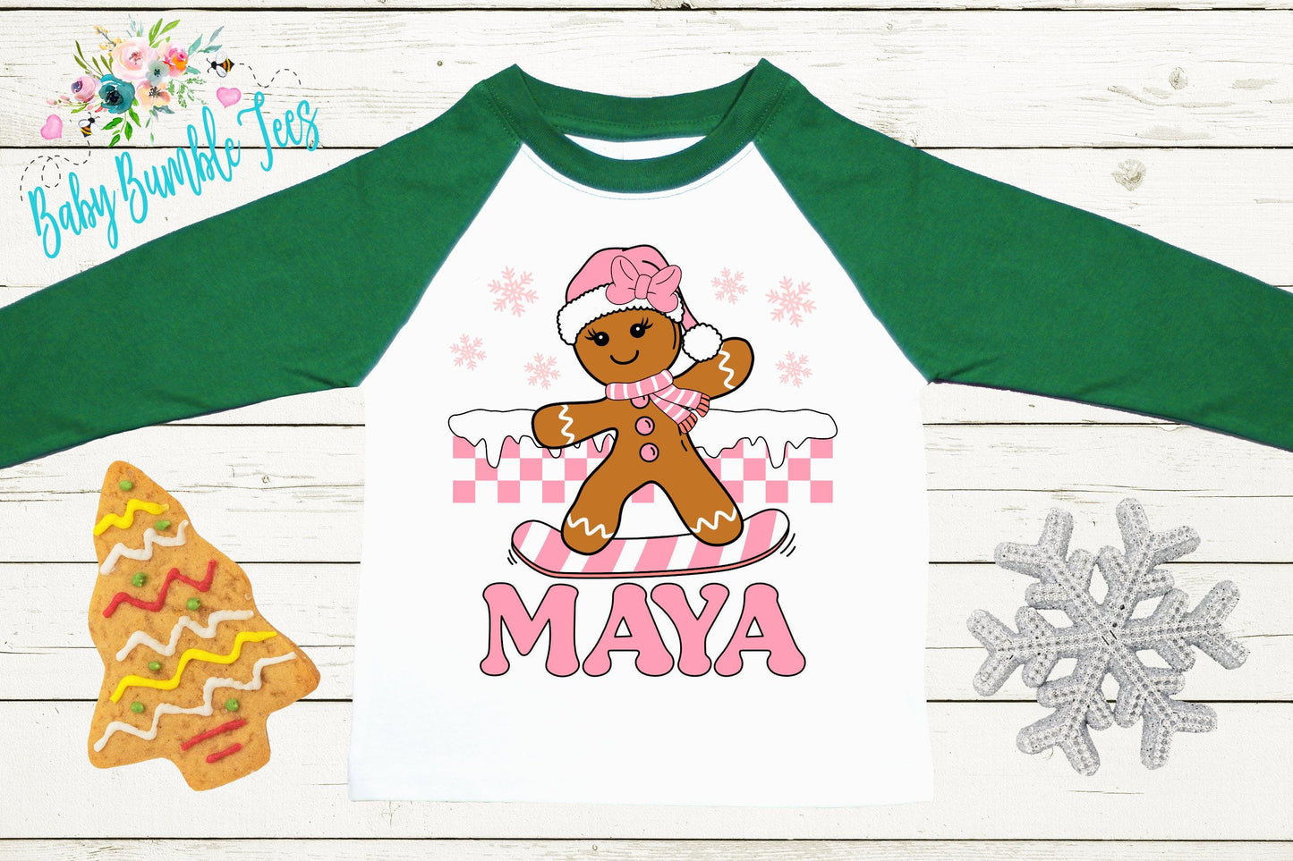 Kids Gingerbread Shirt, Girls Retro Christmas T-Shirt, Custom Personalized Name, Toddler Holiday Tee, Christmas Gift, Baking Shirt