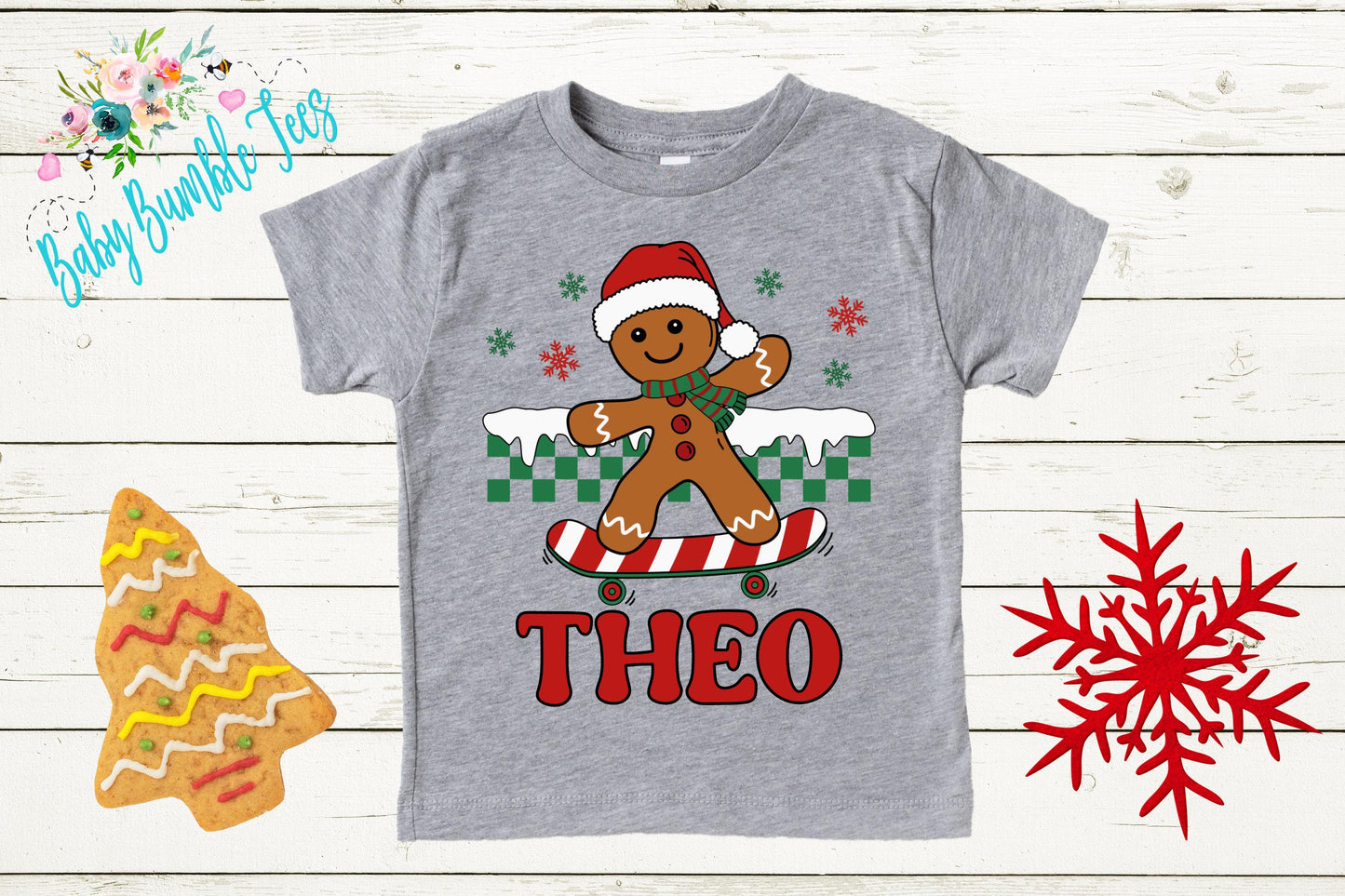 Kids Gingerbread Man Shirt, Boys Retro Christmas T-Shirt, Custom Personalized Name, Toddler Holiday Tee, Christmas Gift, Kids Baking shirt