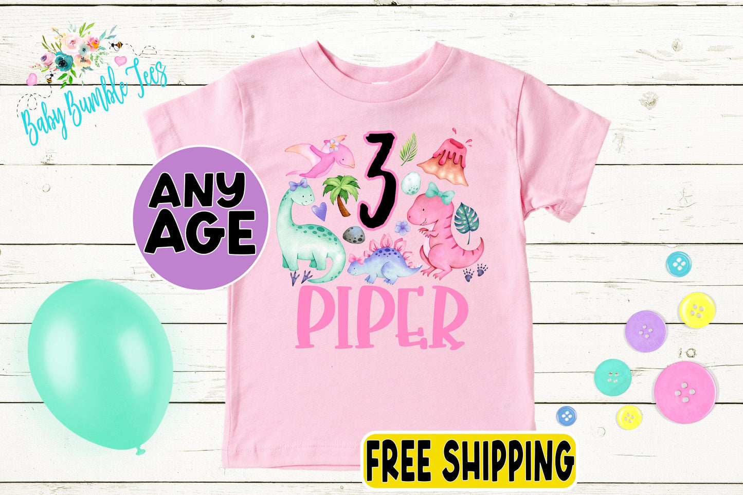 Girls Dinosaur Birthday Shirt, Kids Birthday Shirt, Custom Name Birthday Tee, Girl Birthday shirt, Girl Birthday Party T-Shirt, Personalized