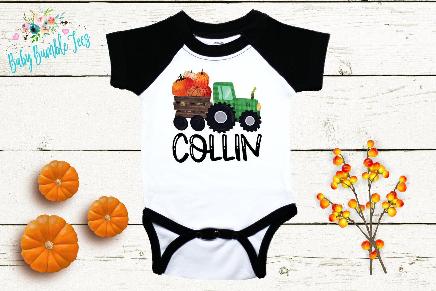 Boys Fall Tractor Bodysuit - Kids Farm Pumpkin Patch Bodysuit - Personalized Custom Name - Baby Boy Halloween Shirt - Toddler Halloween