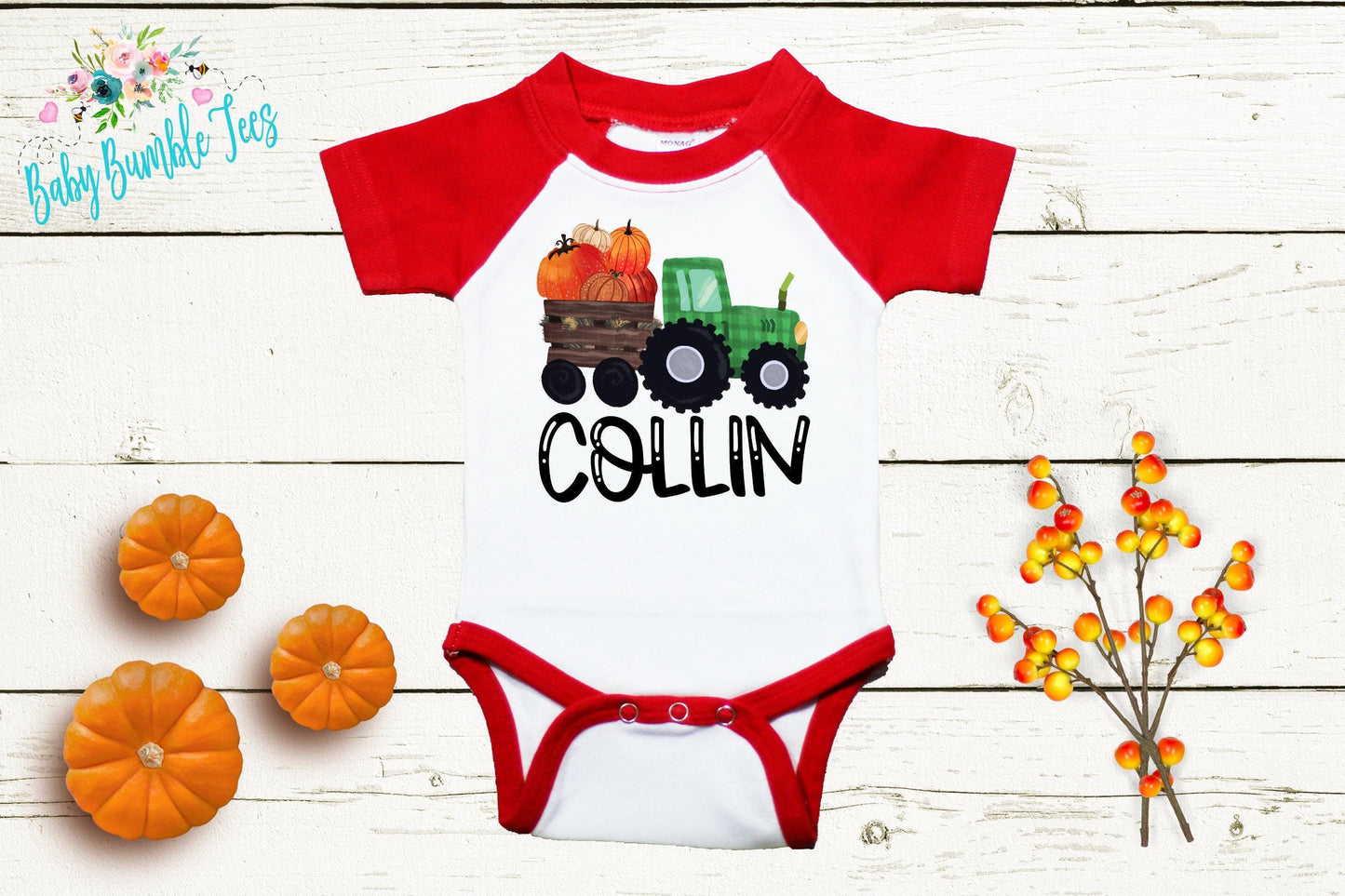 Boys Fall Tractor Bodysuit - Kids Farm Pumpkin Patch Bodysuit - Personalized Custom Name - Baby Boy Halloween Shirt - Toddler Halloween