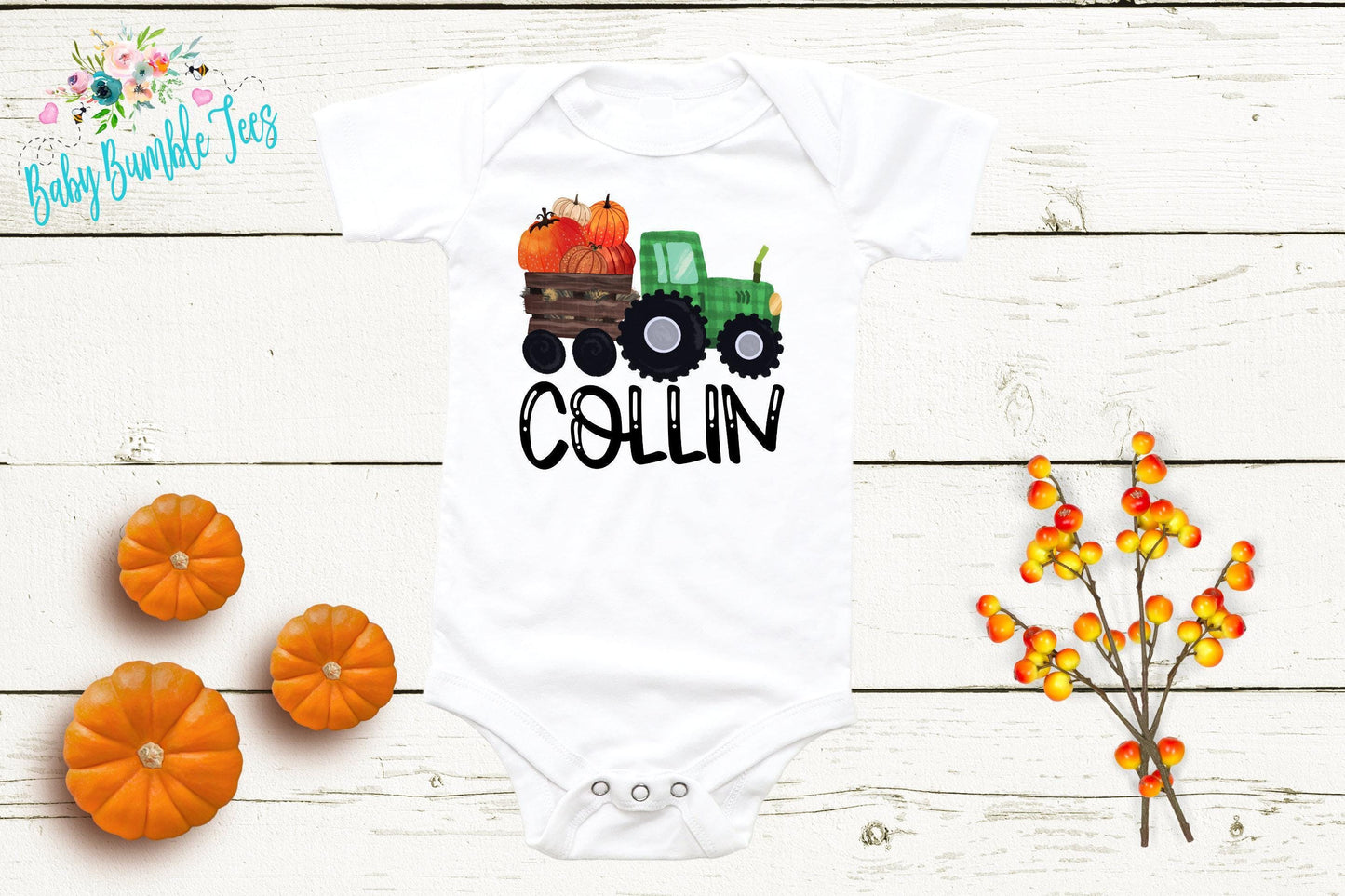 Boys Fall Tractor Bodysuit - Kids Farm Pumpkin Patch Bodysuit - Personalized Custom Name - Baby Boy Halloween Shirt - Toddler Halloween