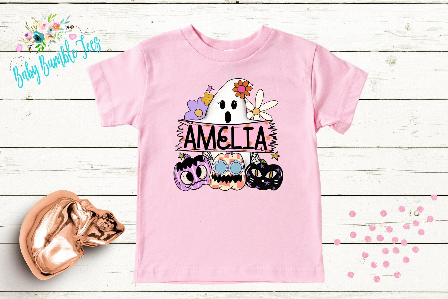 Girls Ghost Shirt, Personalized Name Shirt, Kids Halloween Shirt, Pumpkin patch shirt, Groovy Kids Fall Shirt, Retro Girls Halloween Shirt