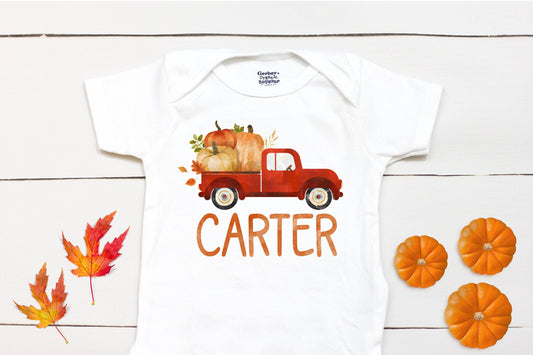 Fall Pumpkin Tractor Bodysuit – Custom Name Outfit