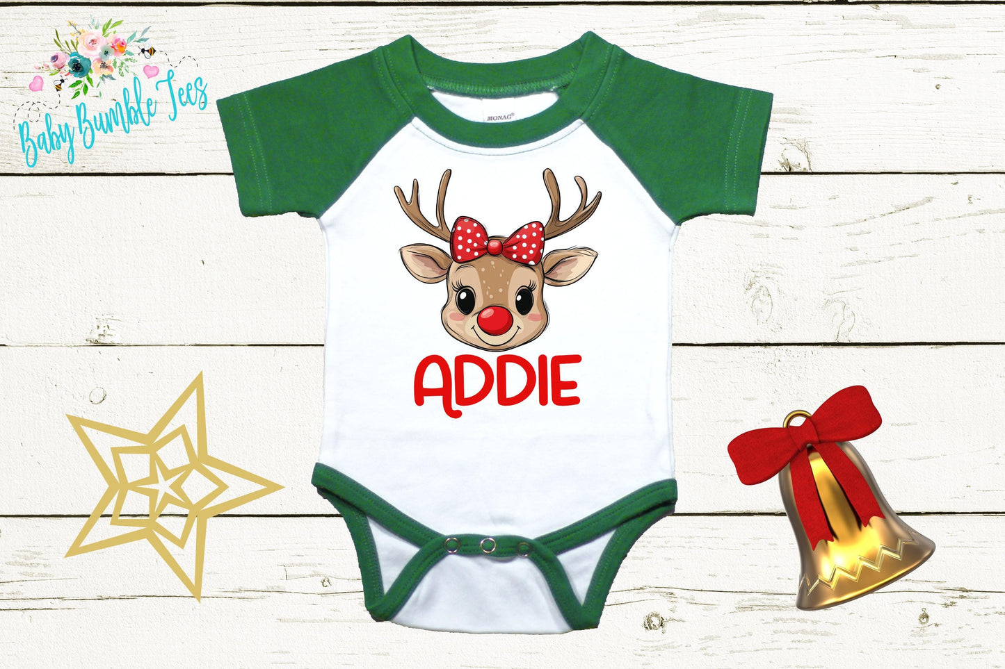 Baby Christmas Bodysuit, Baby Girl Reindeer Outfit With Custom Name