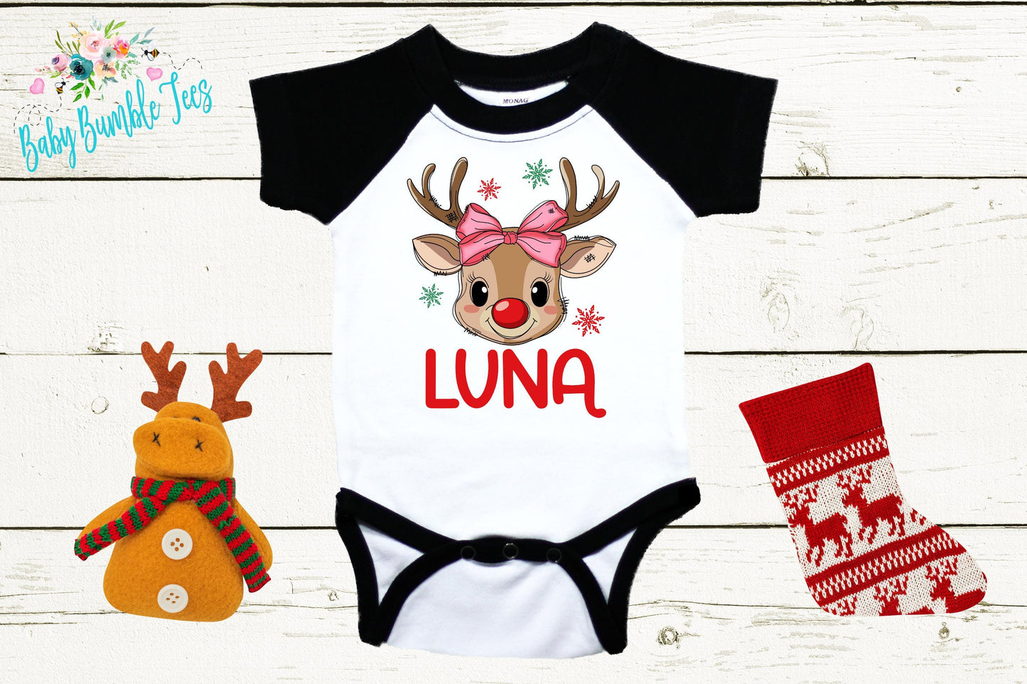 Baby Christmas Bodysuit - Custom Name Reindeer Design | Newborn Holiday Outfit