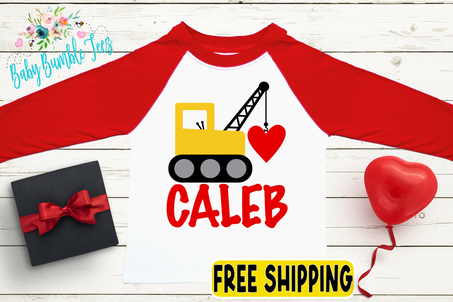 a red and white shirt with a construction truck on it