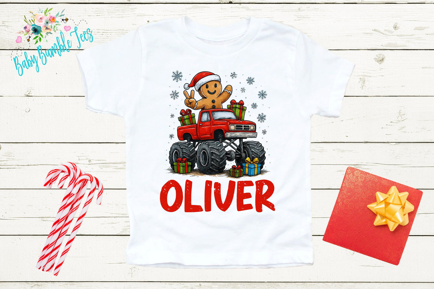 Toddler Christmas Shirt - Gingerbread Monster Truck Outfit With Custom Name