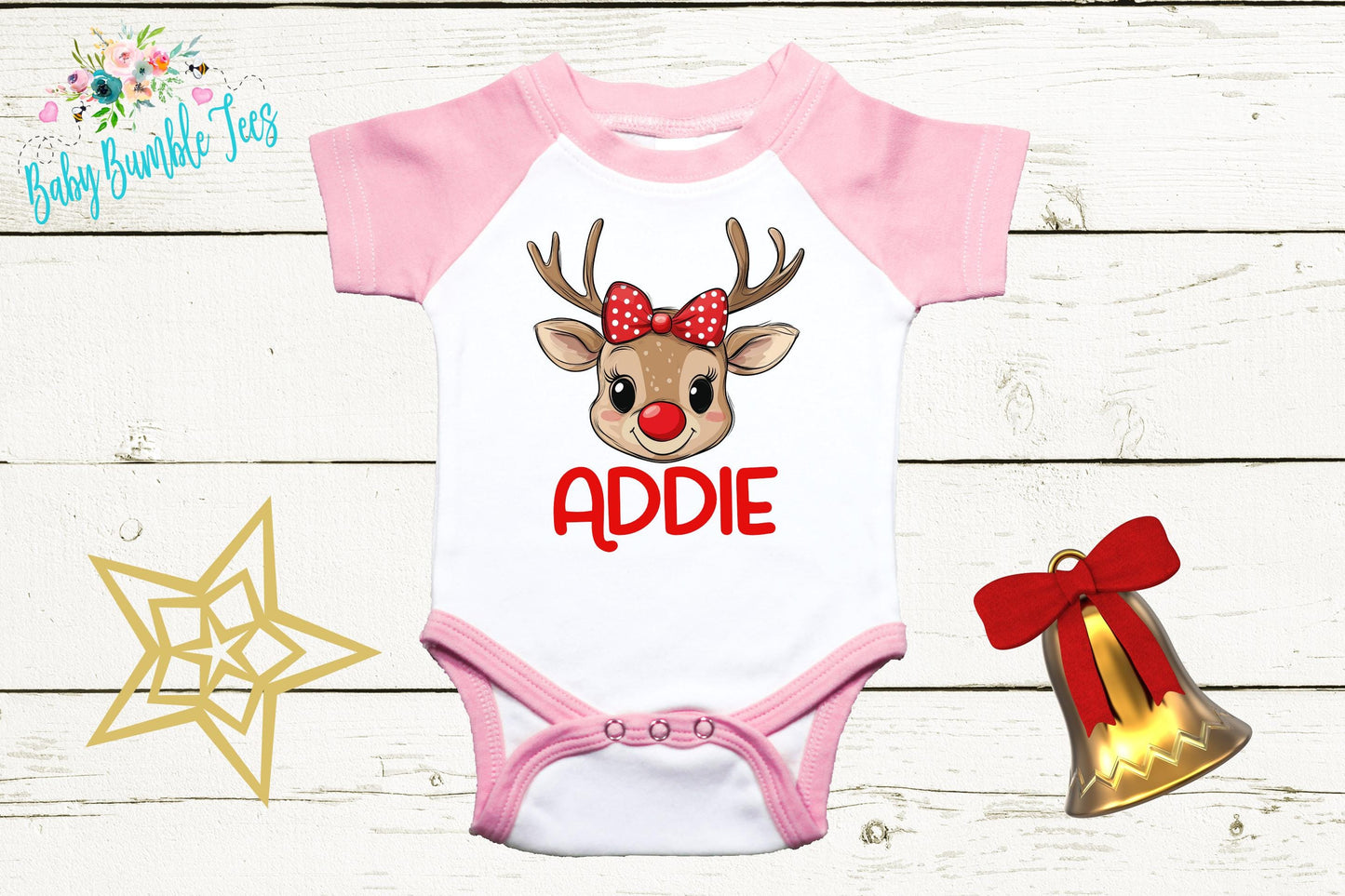 Baby Christmas Bodysuit, Baby Girl Reindeer Outfit With Custom Name
