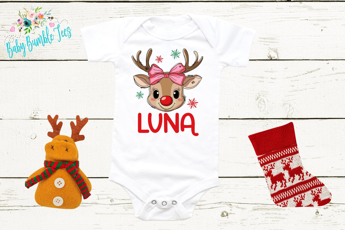 Baby Christmas Bodysuit - Custom Name Reindeer Design | Newborn Holiday Outfit
