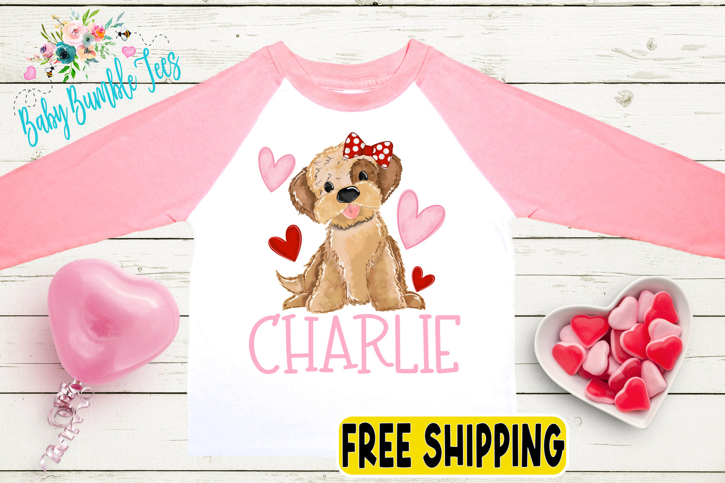 a white and pink shirt with a brown dog on it