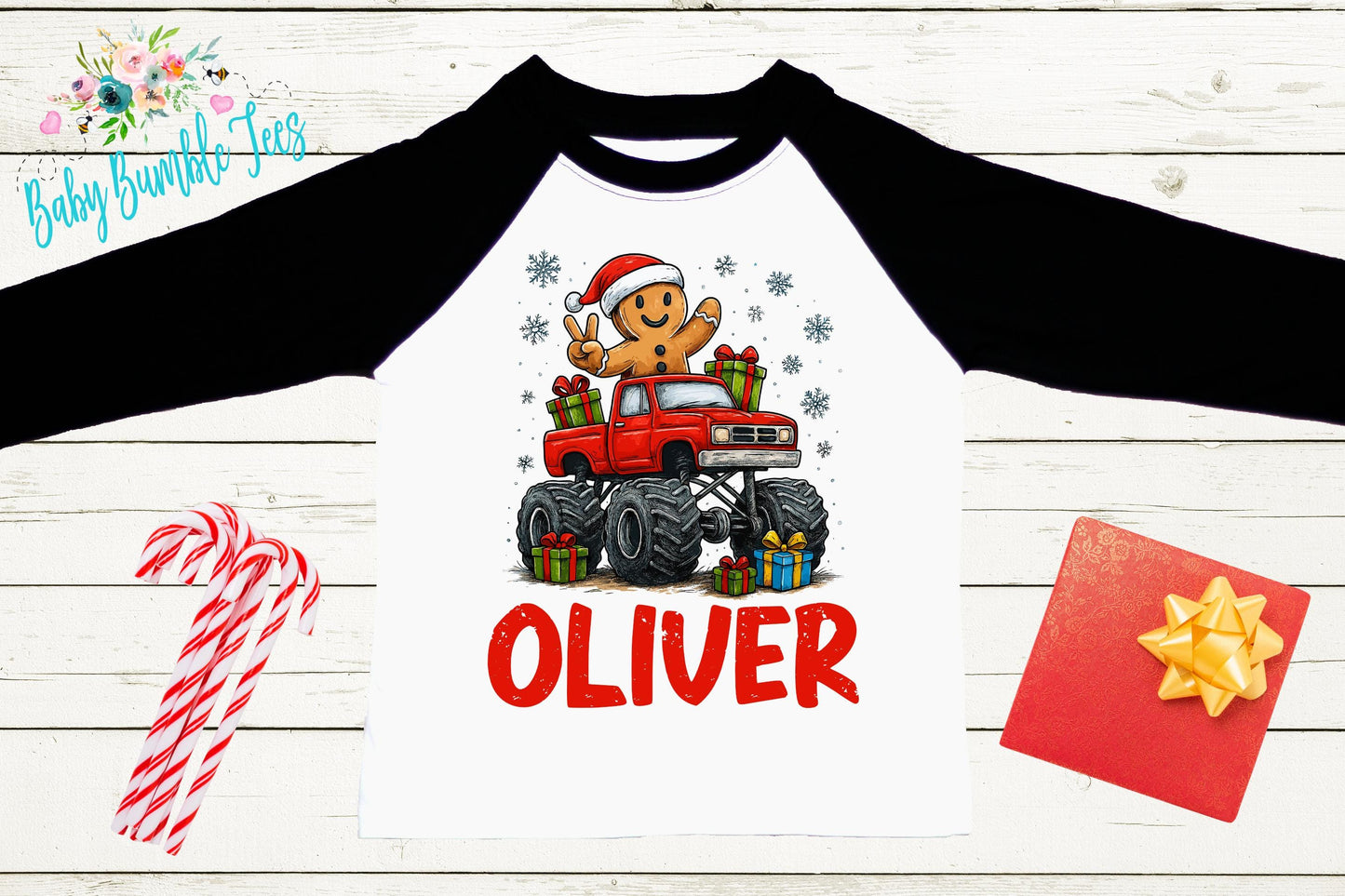 Toddler Christmas Shirt - Gingerbread Monster Truck Outfit With Custom Name