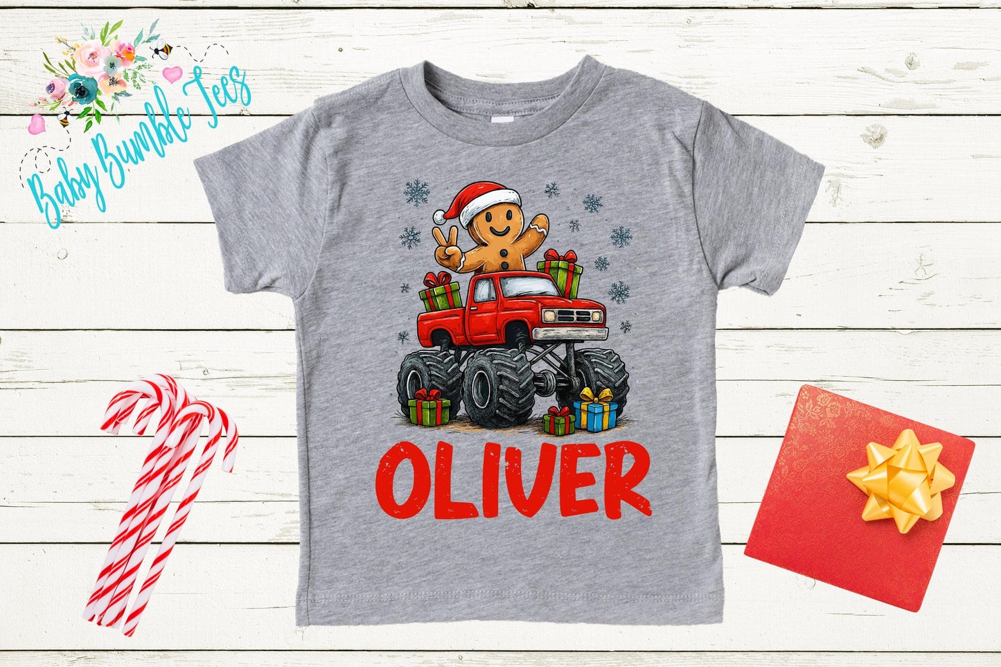Toddler Christmas Shirt - Gingerbread Monster Truck Outfit With Custom Name