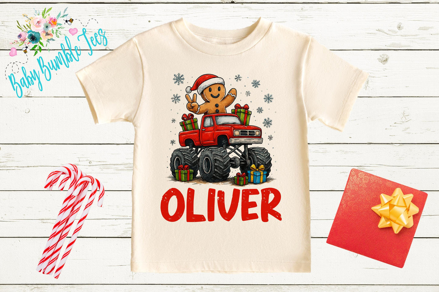 Toddler Christmas Shirt - Gingerbread Monster Truck Outfit With Custom Name