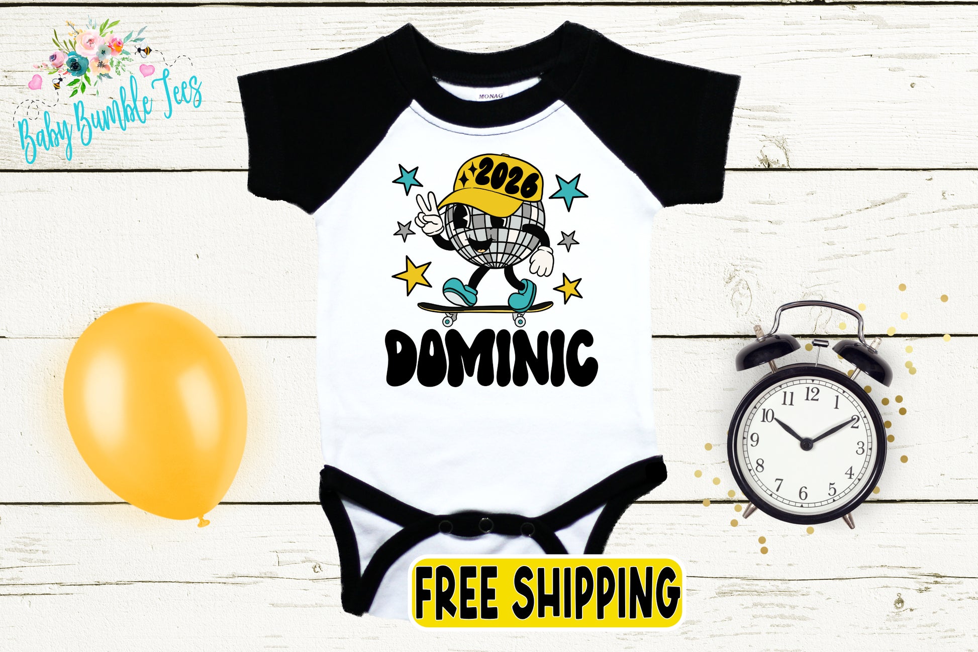 a baby onesie with a cartoon character on it, along with a yellow balloon, a clock, and a sign that says "FREE SHIPPING".