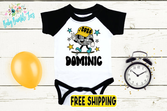 a baby onesie with a cartoon character on it, along with a yellow balloon, a clock, and a sign that says "FREE SHIPPING".