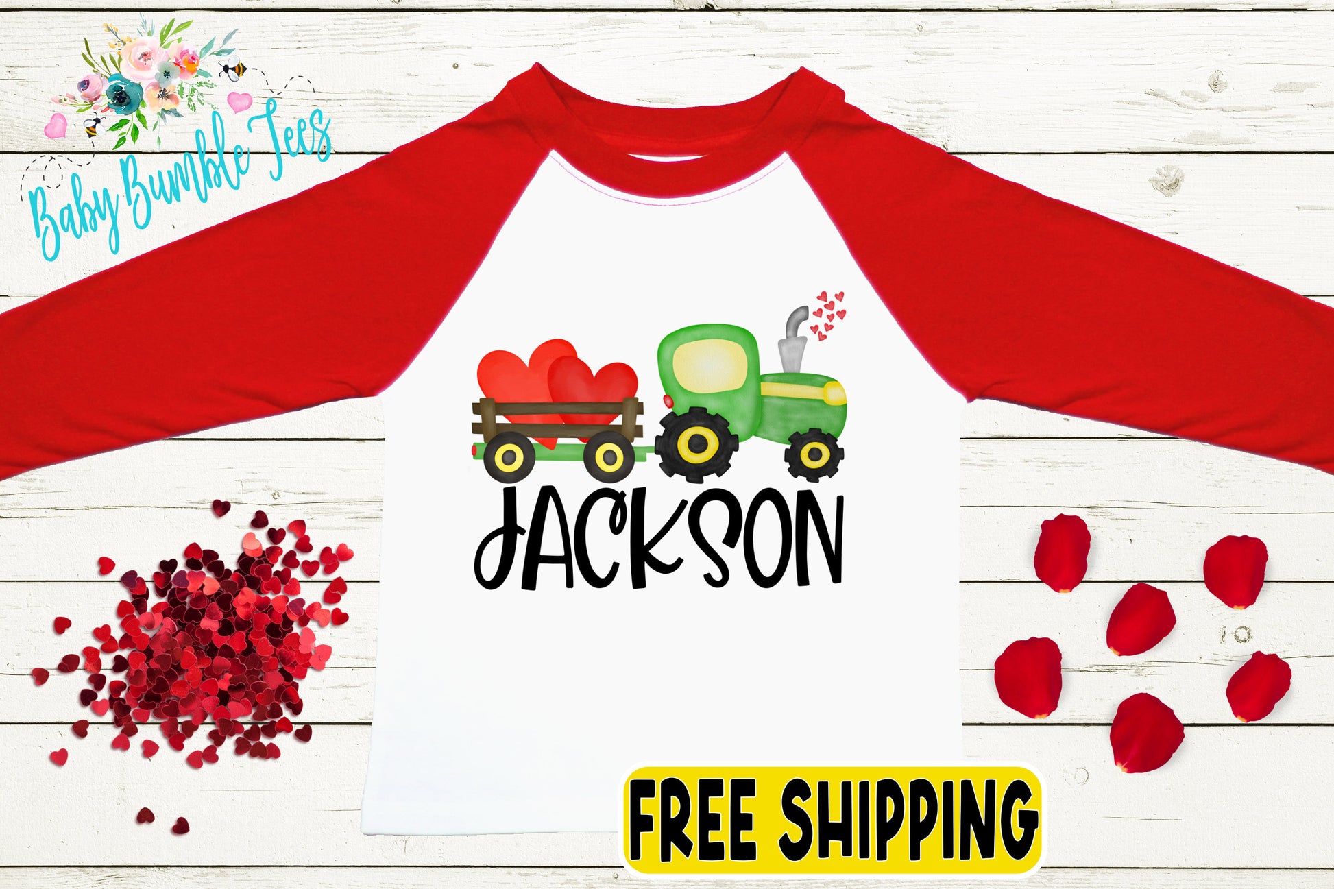 a red and white shirt with a truck and hearts on it