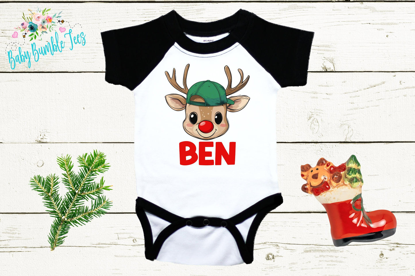 Reindeer Baby Boy Bodysuit - Holiday Outfit with Custom Name