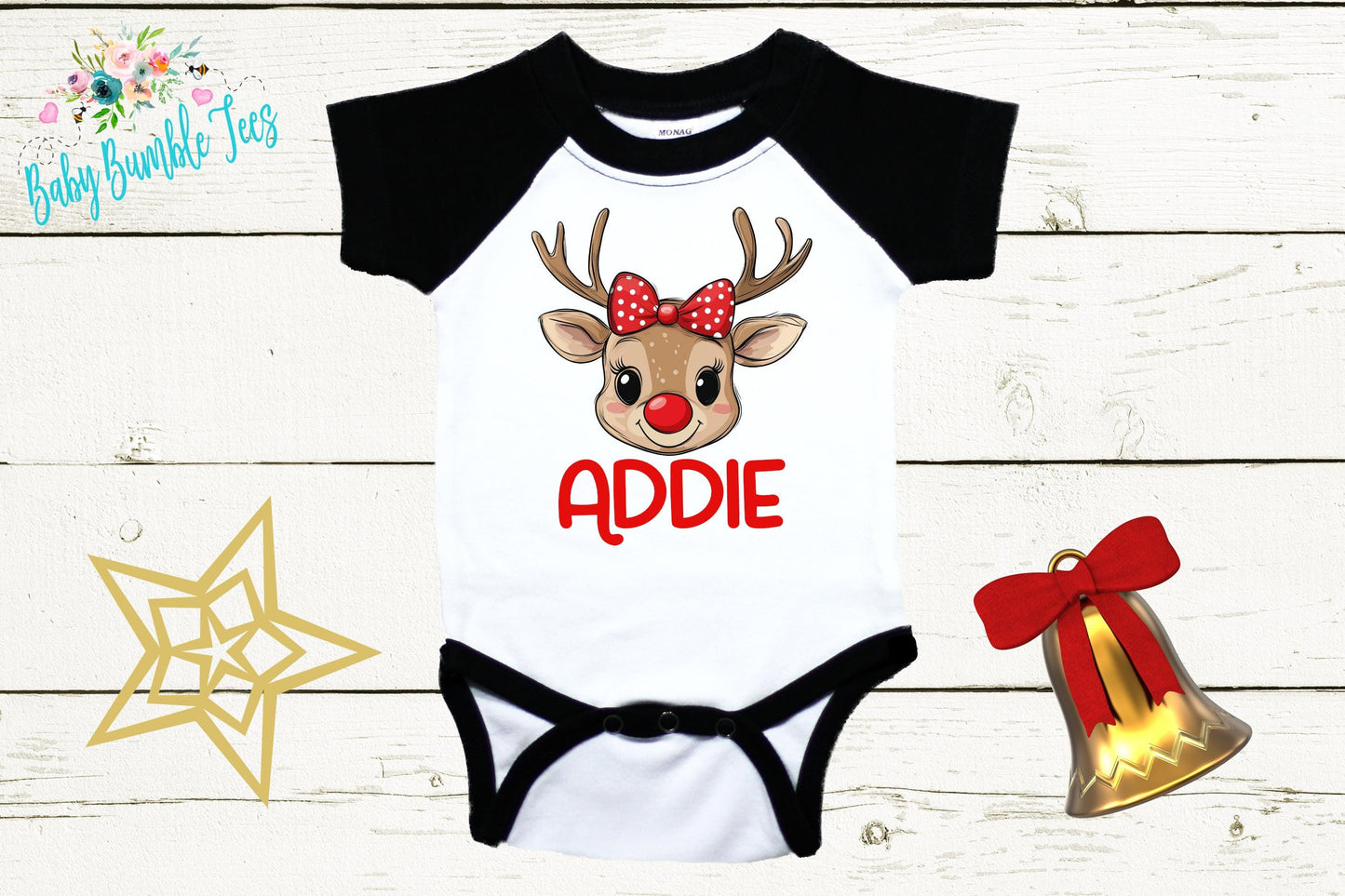 Baby Christmas Bodysuit, Baby Girl Reindeer Outfit With Custom Name