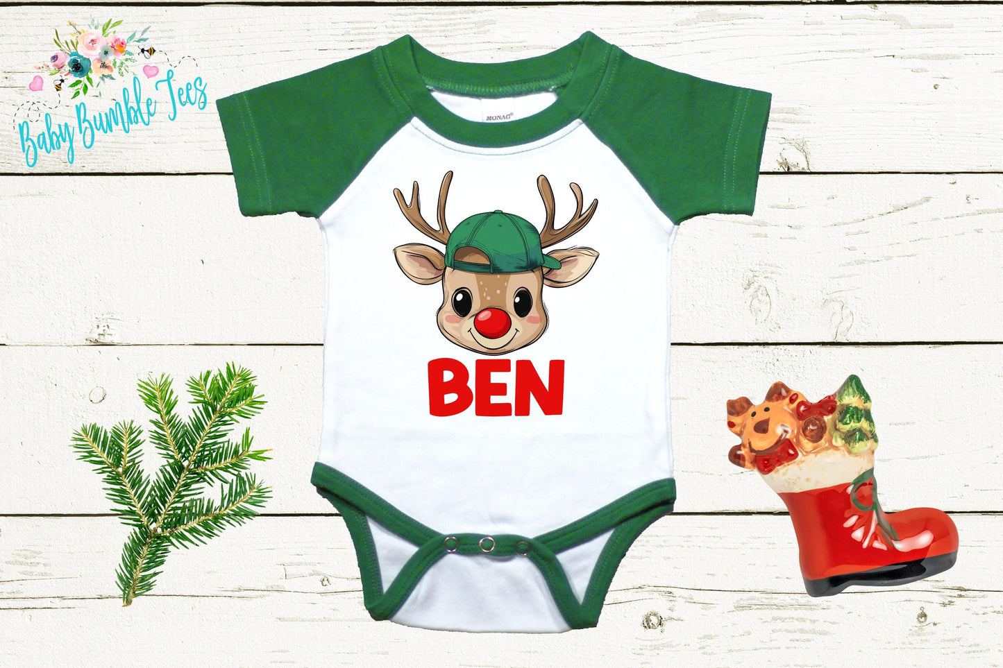 Reindeer Baby Boy Bodysuit - Holiday Outfit with Custom Name