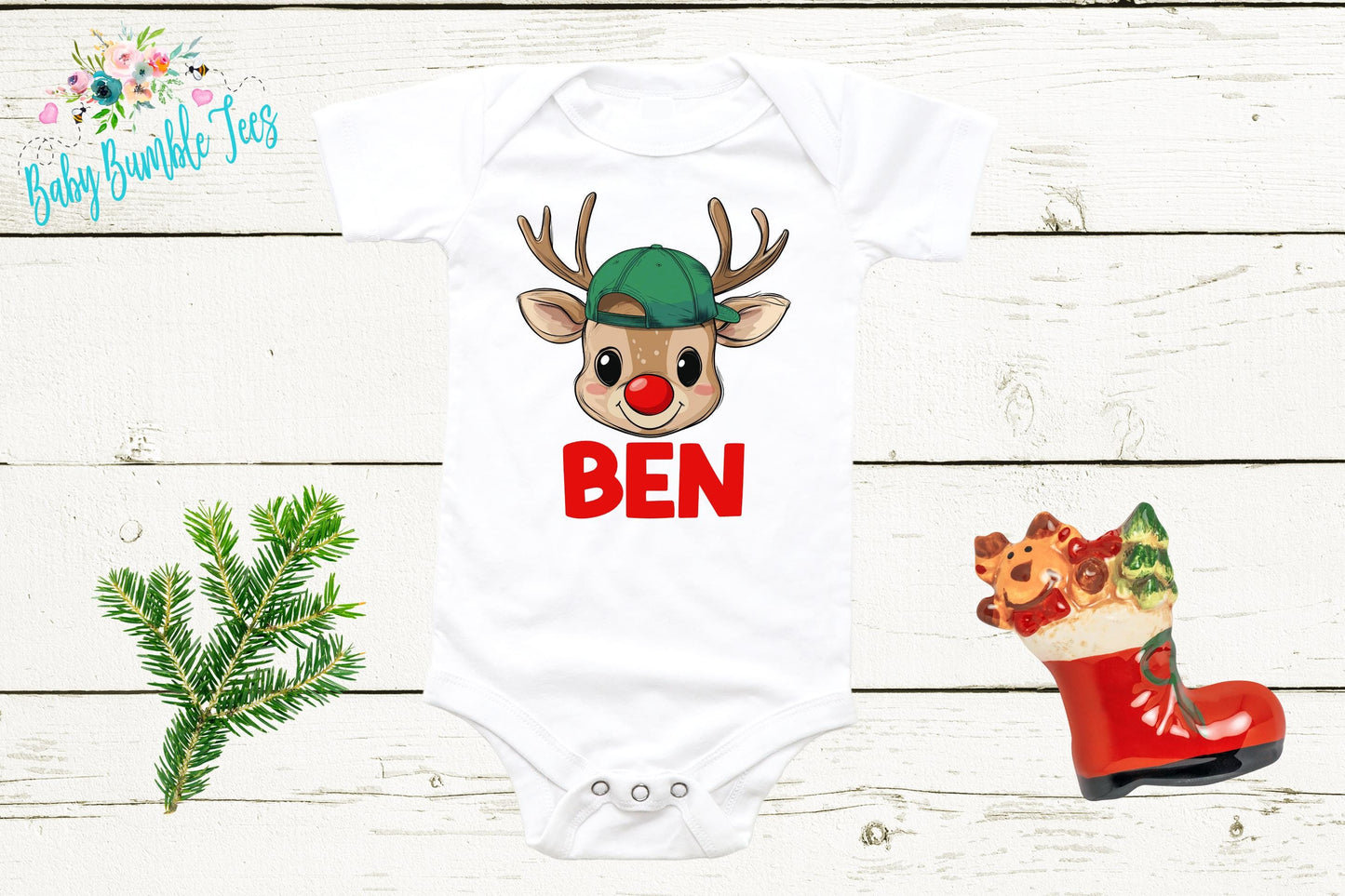 Reindeer Baby Boy Bodysuit - Holiday Outfit with Custom Name