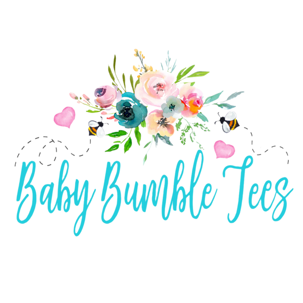 Logo for 'Baby Bumble Tees' with floral design and text on a white background