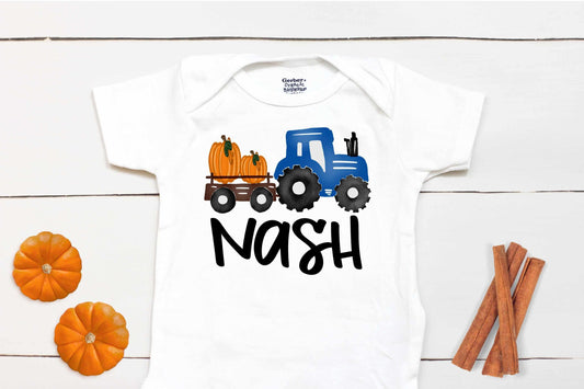 Pumpkin Tractor Bodysuit – Custom Name Fall & Halloween Kids