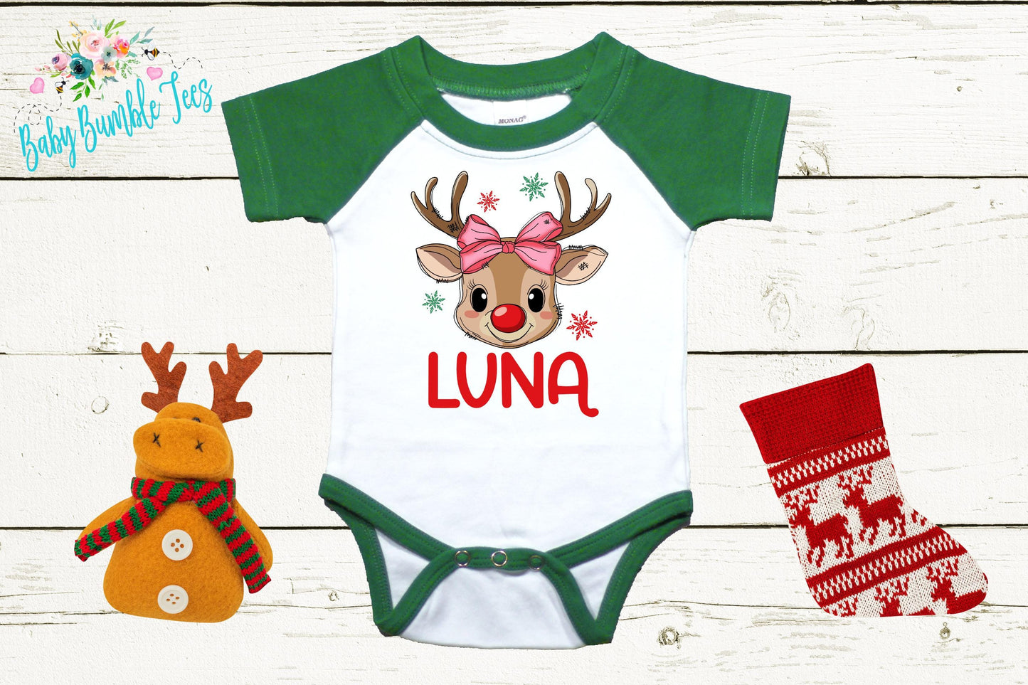 Baby Christmas Bodysuit - Custom Name Reindeer Design | Newborn Holiday Outfit