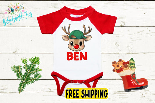 Reindeer Baby Boy Bodysuit - Holiday Outfit with Custom Name