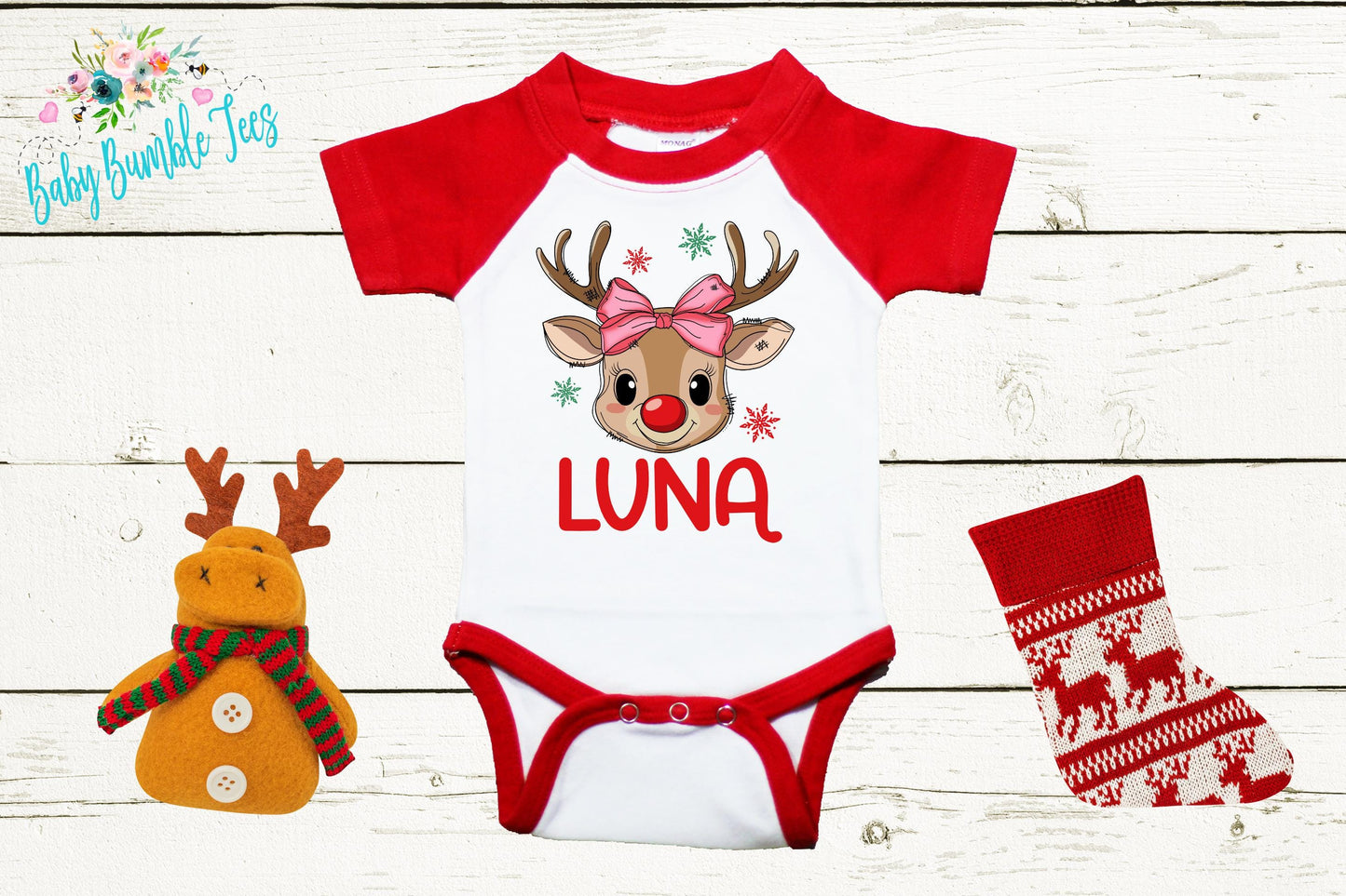 Baby Christmas Bodysuit - Custom Name Reindeer Design | Newborn Holiday Outfit