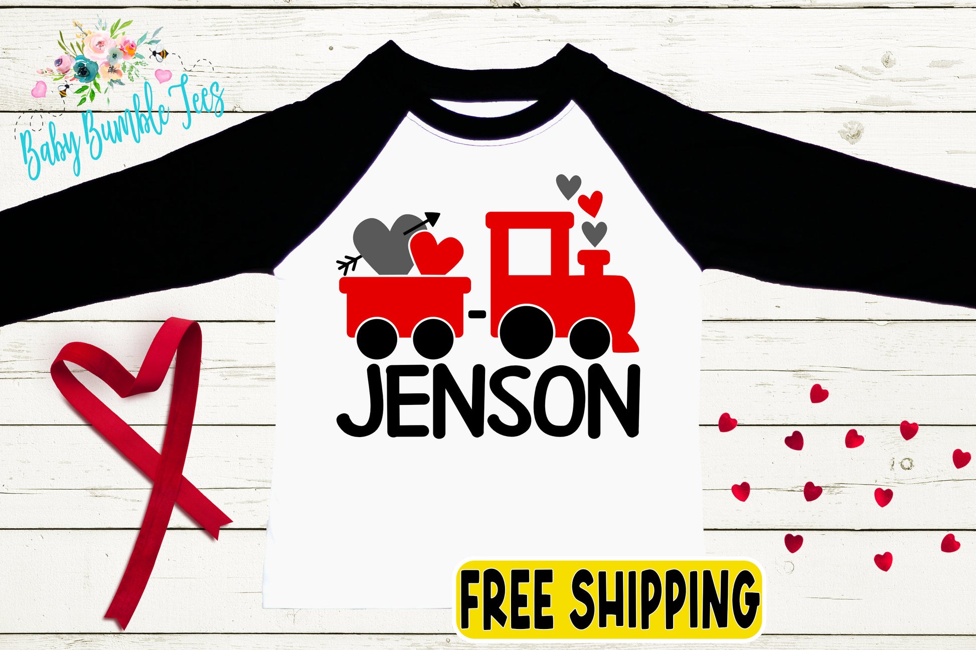 a white and black shirt with a train on it