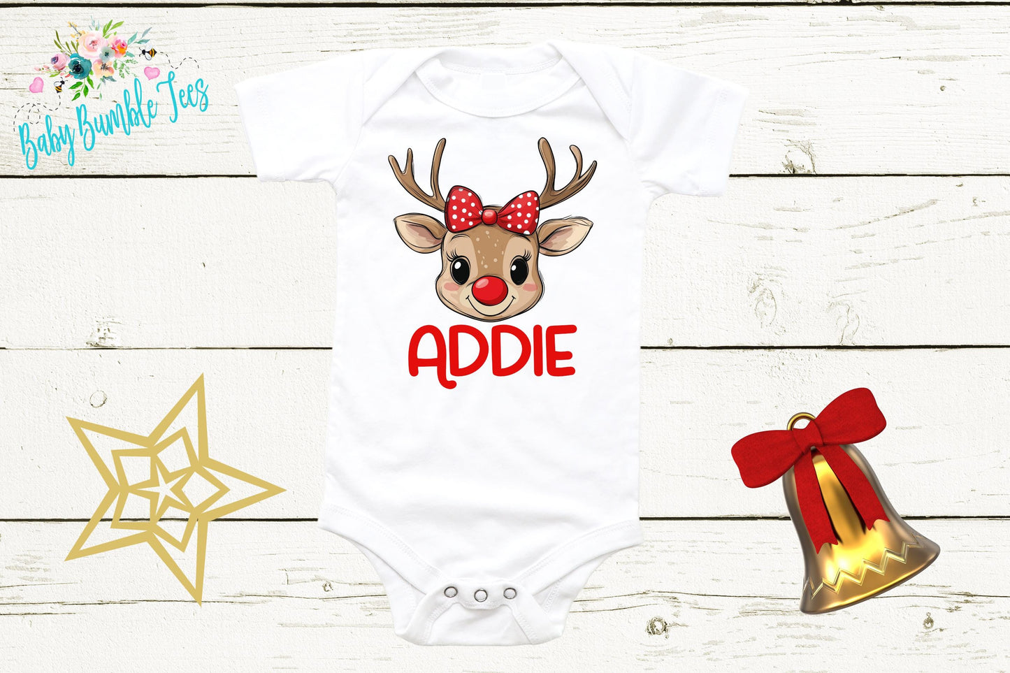 Baby Christmas Bodysuit, Baby Girl Reindeer Outfit With Custom Name