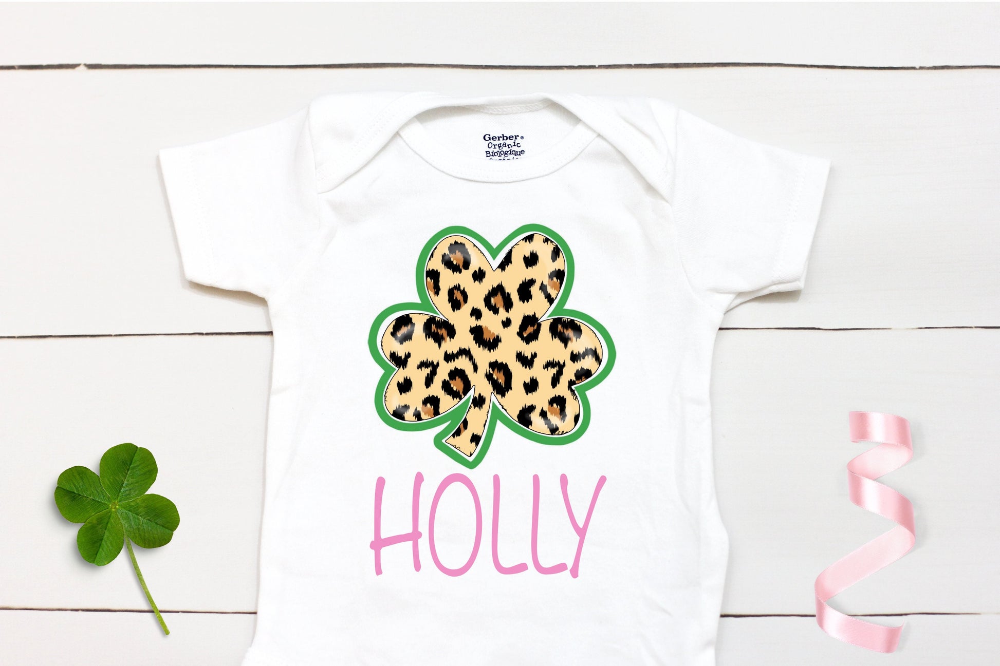 Cheetah Four Leaf Clover - Personalized Name - St Patricks Day - Girl - St Paddys Day - First St Patricks Day - Kids