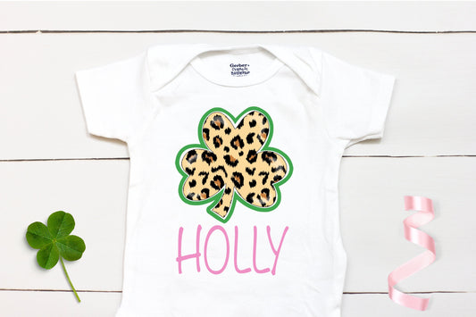 Cheetah Four Leaf Clover - Personalized Name - St Patricks Day - Girl - St Paddys Day - First St Patricks Day - Kids