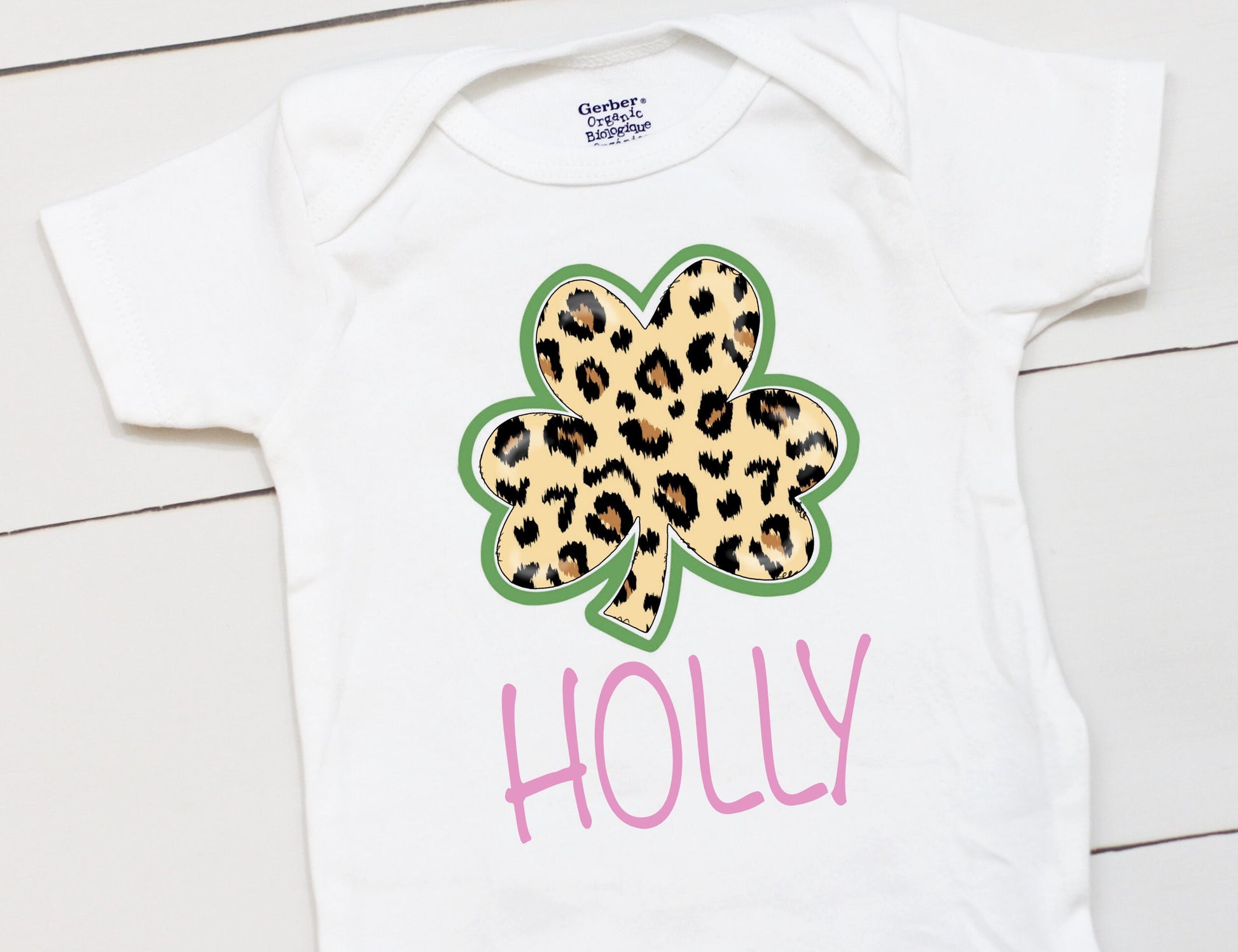 Cheetah Four Leaf Clover - Personalized Name - St Patricks Day - Girl - St Paddys Day - First St Patricks Day - Kids