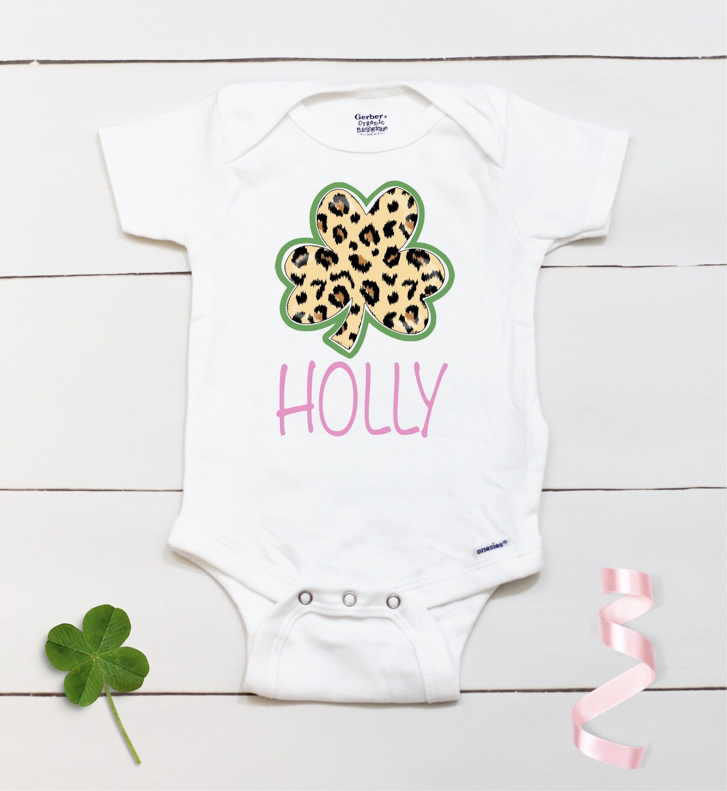 Cheetah Four Leaf Clover - Personalized Name - St Patricks Day - Girl - St Paddys Day - First St Patricks Day - Kids