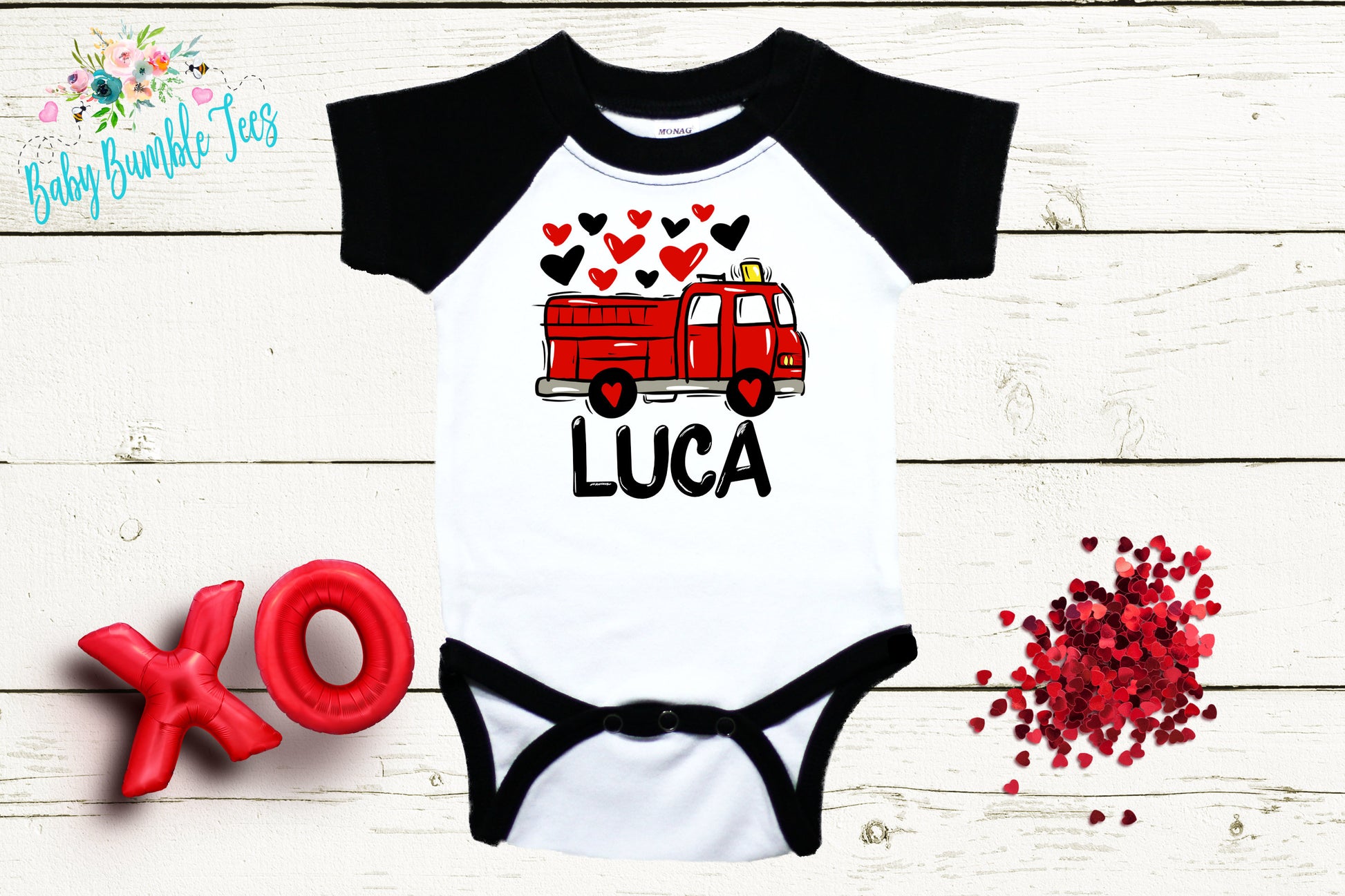 Valentines Day Fire Truck Bodysuit // Personalized Name // Boy Valentines Day Shirt // My First Valentine // Kids Shirt // Fire Truck