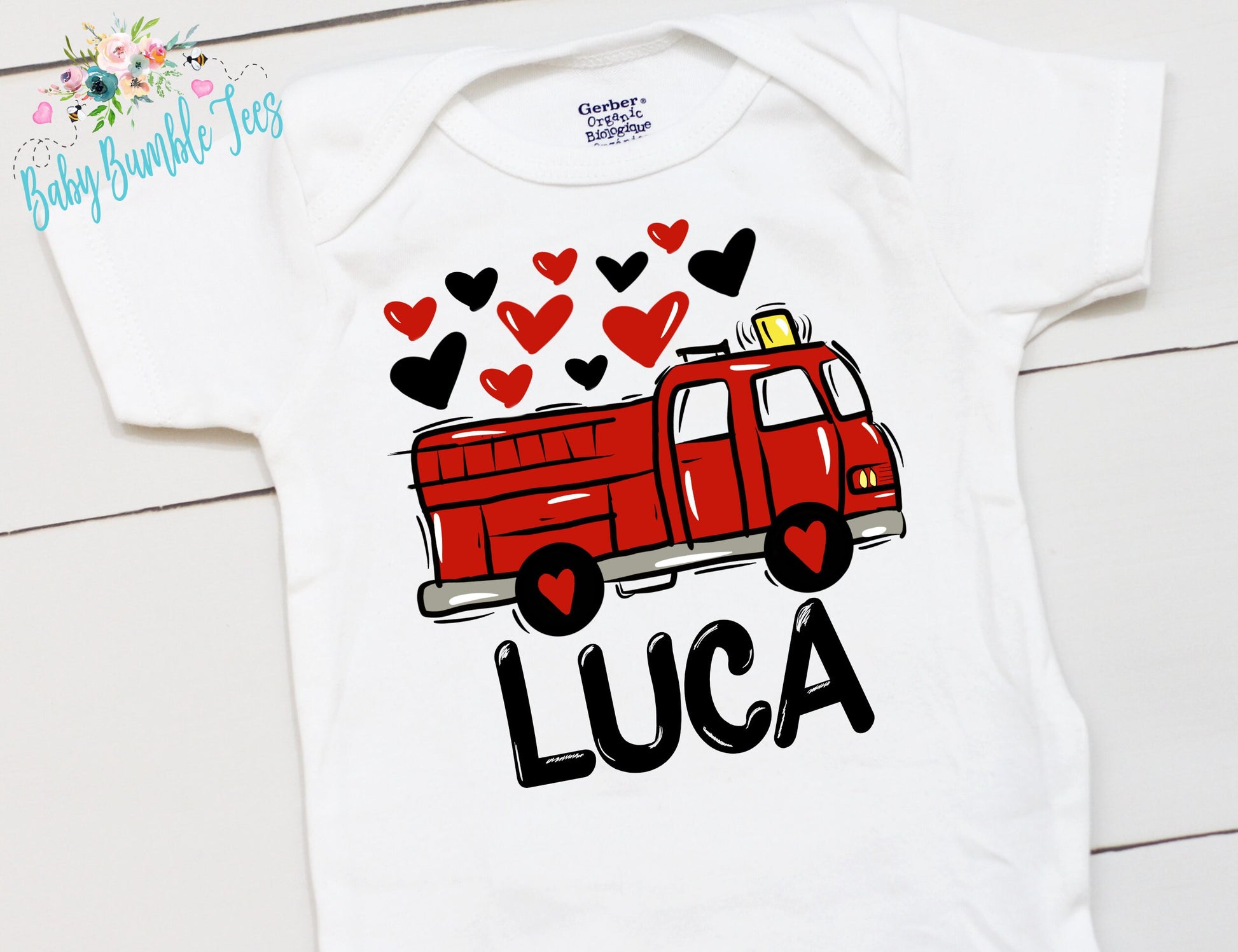 Valentines Day Fire Truck Bodysuit // Personalized Name // Boy Valentines Day Shirt // My First Valentine // Kids Shirt // Fire Truck