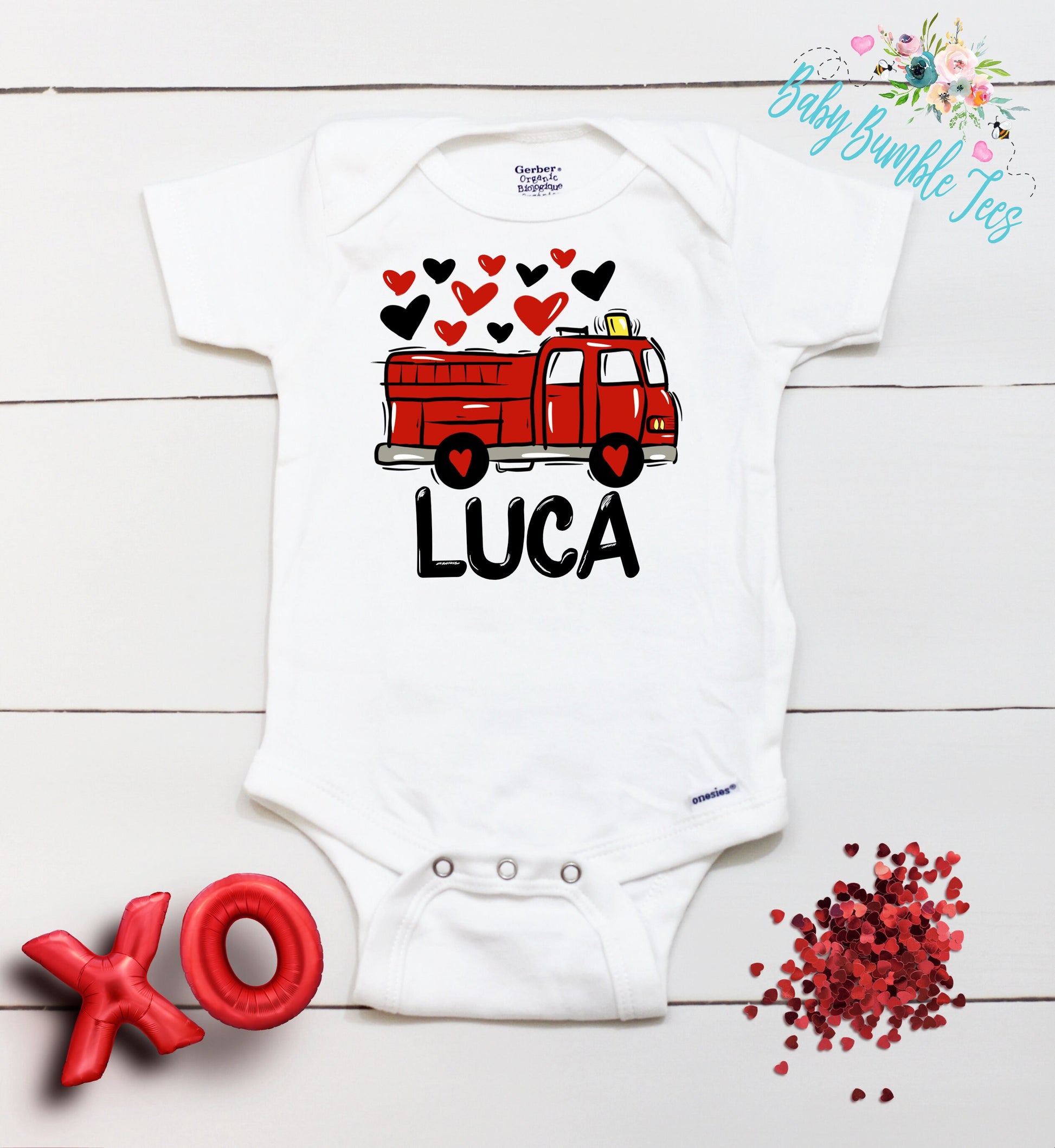 Valentines Day Fire Truck Bodysuit // Personalized Name // Boy Valentines Day Shirt // My First Valentine // Kids Shirt // Fire Truck