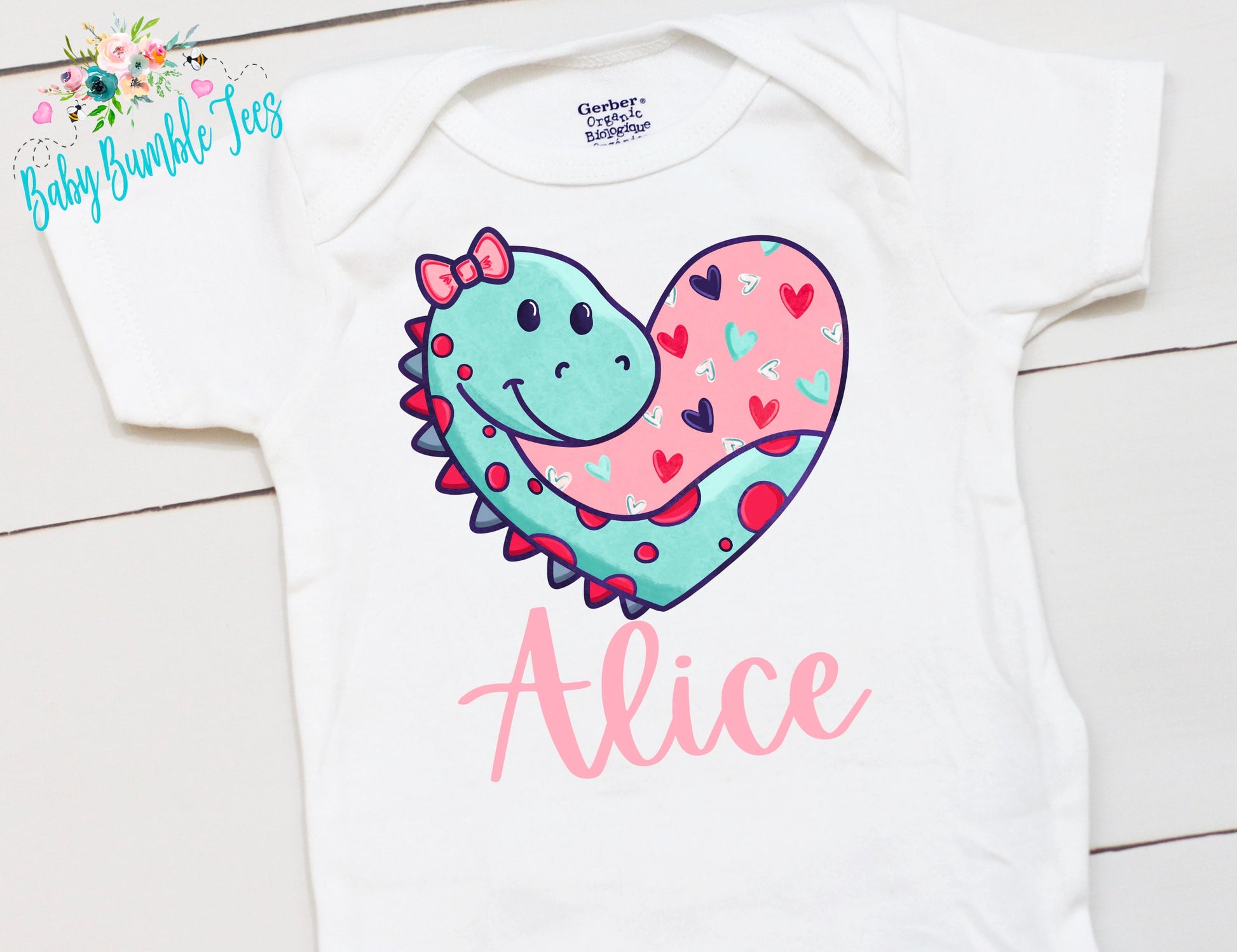 Girls Valentines Day Bodysuit // Personalized Name // Baby Girl Valentines Day // Dinosaur // My First Valentine // Kids Shirt // Hearts