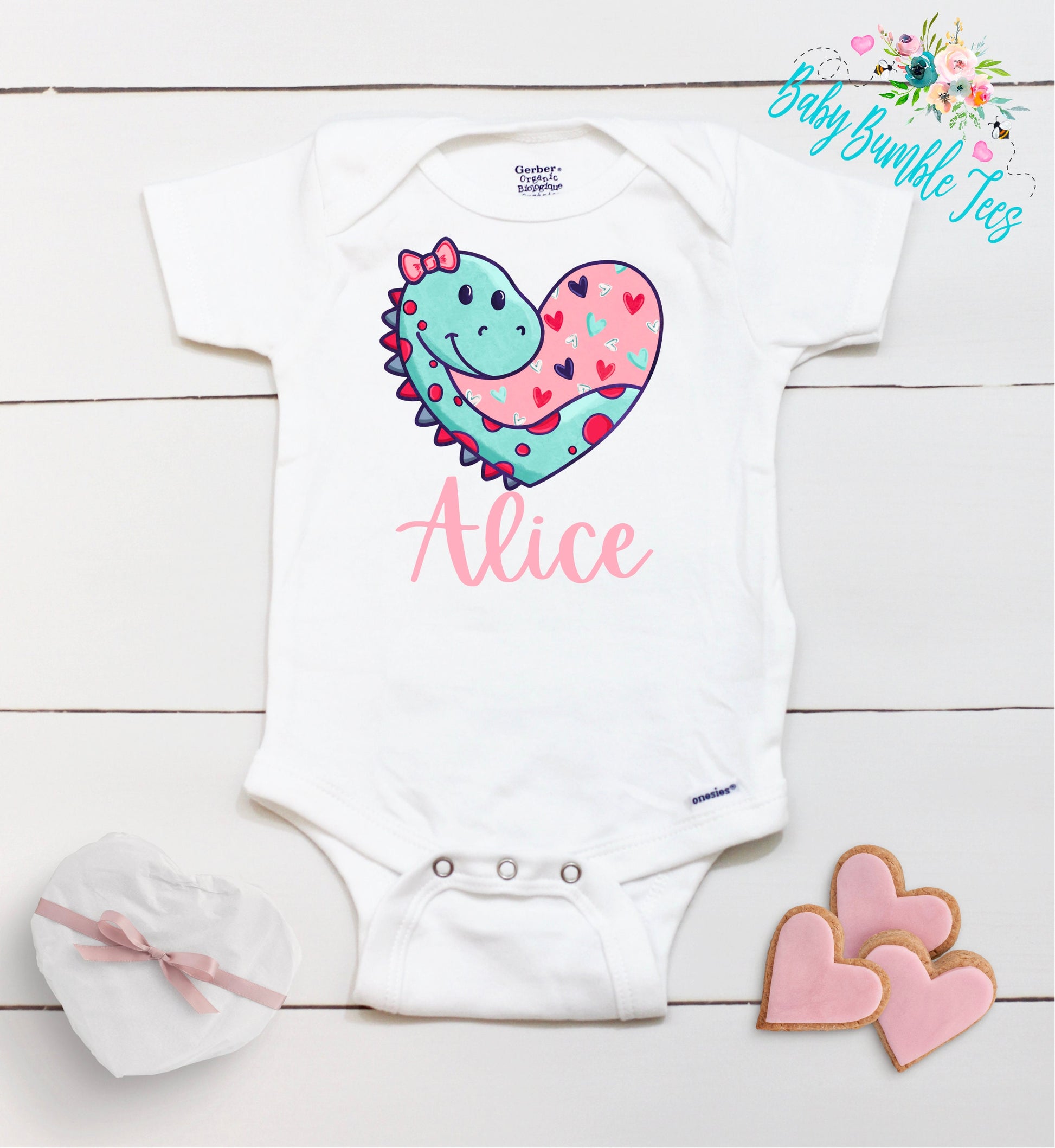 Girls Valentines Day Bodysuit // Personalized Name // Baby Girl Valentines Day // Dinosaur // My First Valentine // Kids Shirt // Hearts